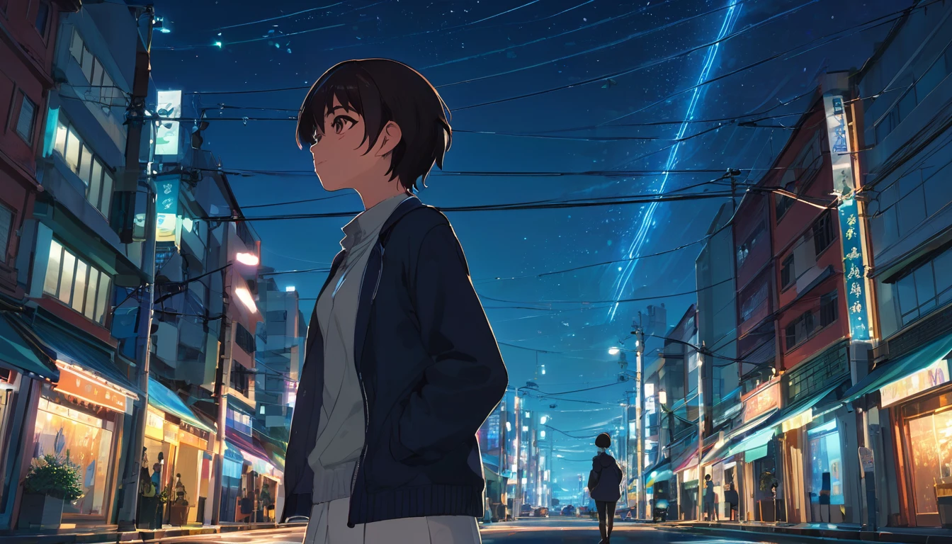 Um cenário urbano com luzes de néon, ruas tranquilas e um céu estrelado, noite, estilo anime ((makoto shinkai)), makoto shinkai&#9, background anime full hd, conceptual artwork, tumblr, magical realism, cute anime, anime full hd, anime movie backgrounds,  cloudy sky