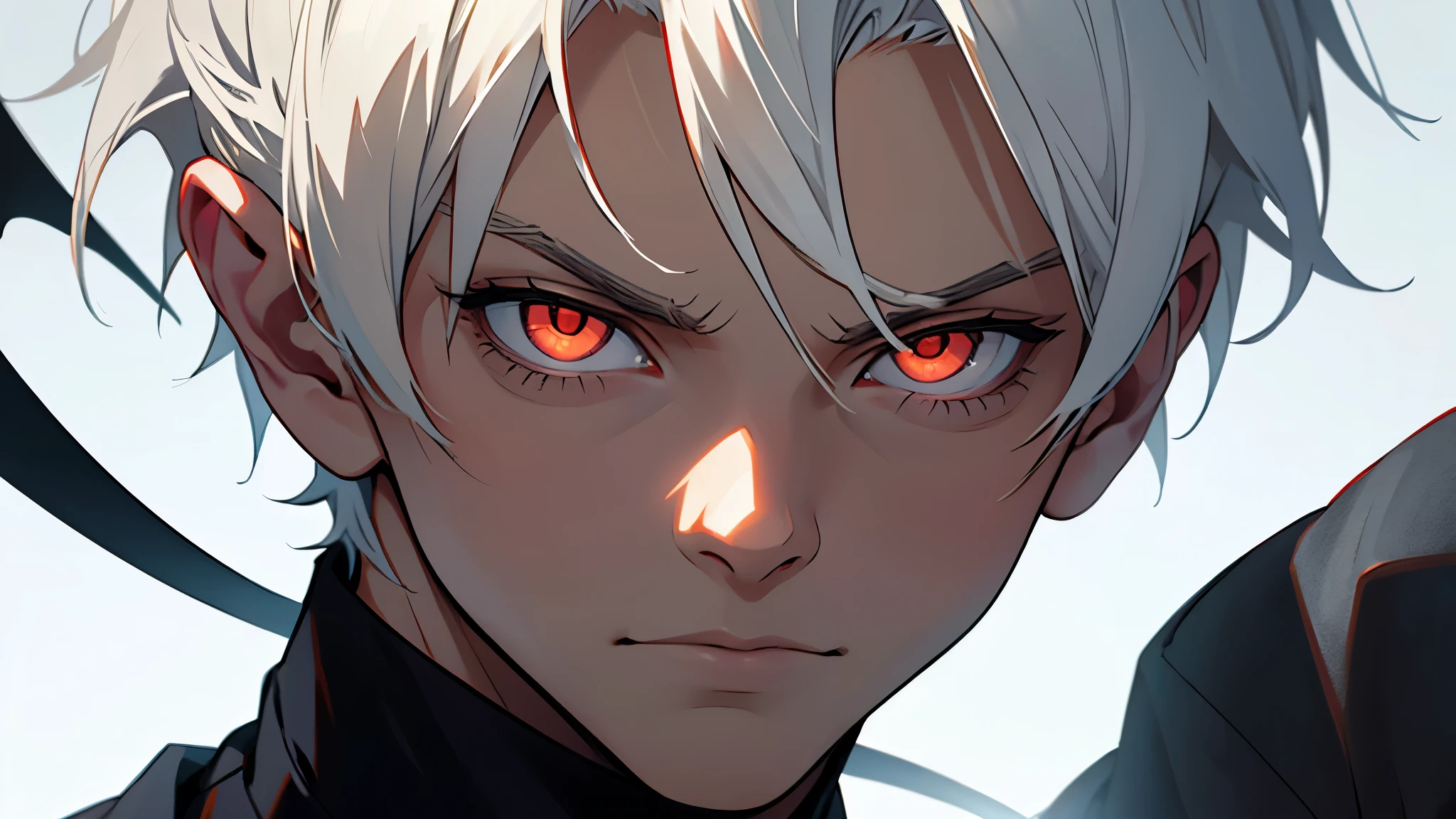 ((best quality)), ((work of art)), ((detailed)), young man, short white hair, demon eyes, observing, serious expression
