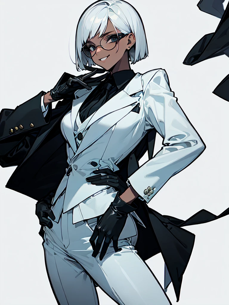 (maximum quality、Masterpiece artwork:1.2) 1woman、Dark-skinned adult woman、long white short hair、Hair hanging over the ears)) ((white office background)) glasses、((Black Suit、Tailored black jacket、white shirt、black suit、Black leather gloves)) (A hand is on your hip) (Cruel look、vulgar smile)