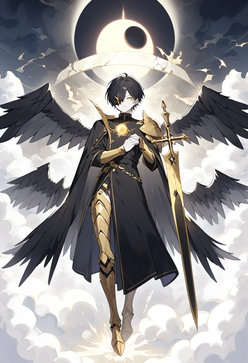 1man, adult, angel, pale skin, black hair, very short hair, white hairlocks, golden eyes, broken face, crack on the face, radiance coming from the crack, missing eye, black wings, eyed wings, bird legs, black robes, golden details, golden shoulder pads, golden prothesis in right hand, clawsprothesis, sword-cross on hands, eclipse, fullbody
