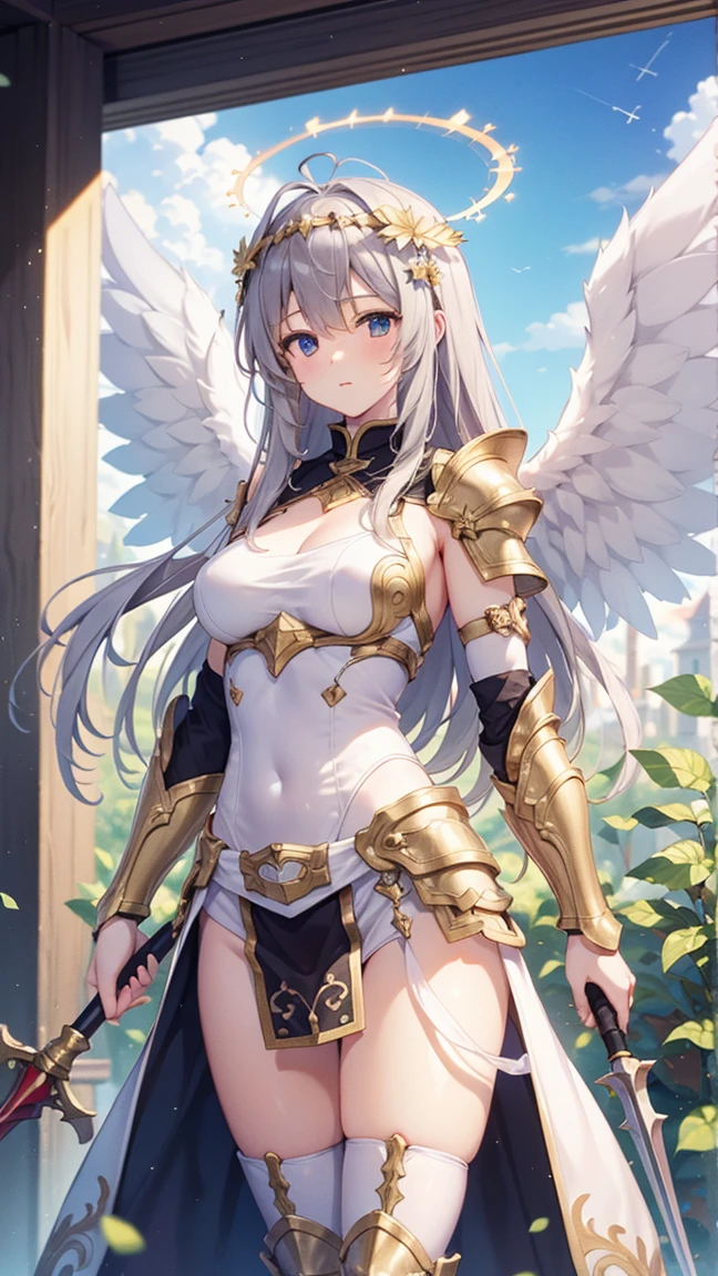 1 Girl,Angel wings,Medium breasts,(Sunlight),(Angel),Dynamic Angle,floating,wing,Halo,floating white silk,(Holy Light),Silver Star,outdoor,Sky,antenna,Chinese weapons,Holding lever arm,spear,fly,flying,Shoulder_armor,Shin_Guard,Oil residue,helmet,armor,, (masterpiece:1,2), best quality, masterpiece, high resolution, The original, Extremely detailed wallpaper, Perfect lighting,(Extremely detailed CG:1.2), drawing, brush