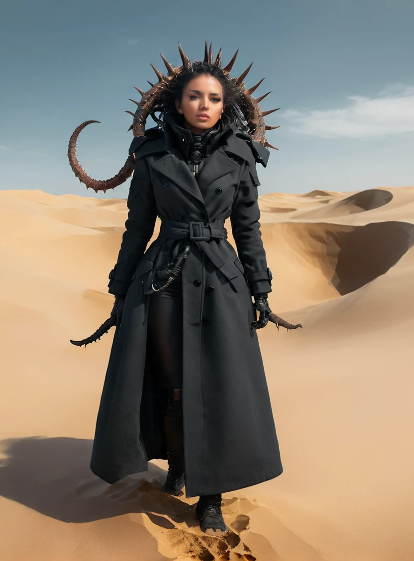 a beautiful woman in a long coat standing a desert, looking at the camera, with a giant worm head coming out of the sand in the background , concept art, fantasy art 