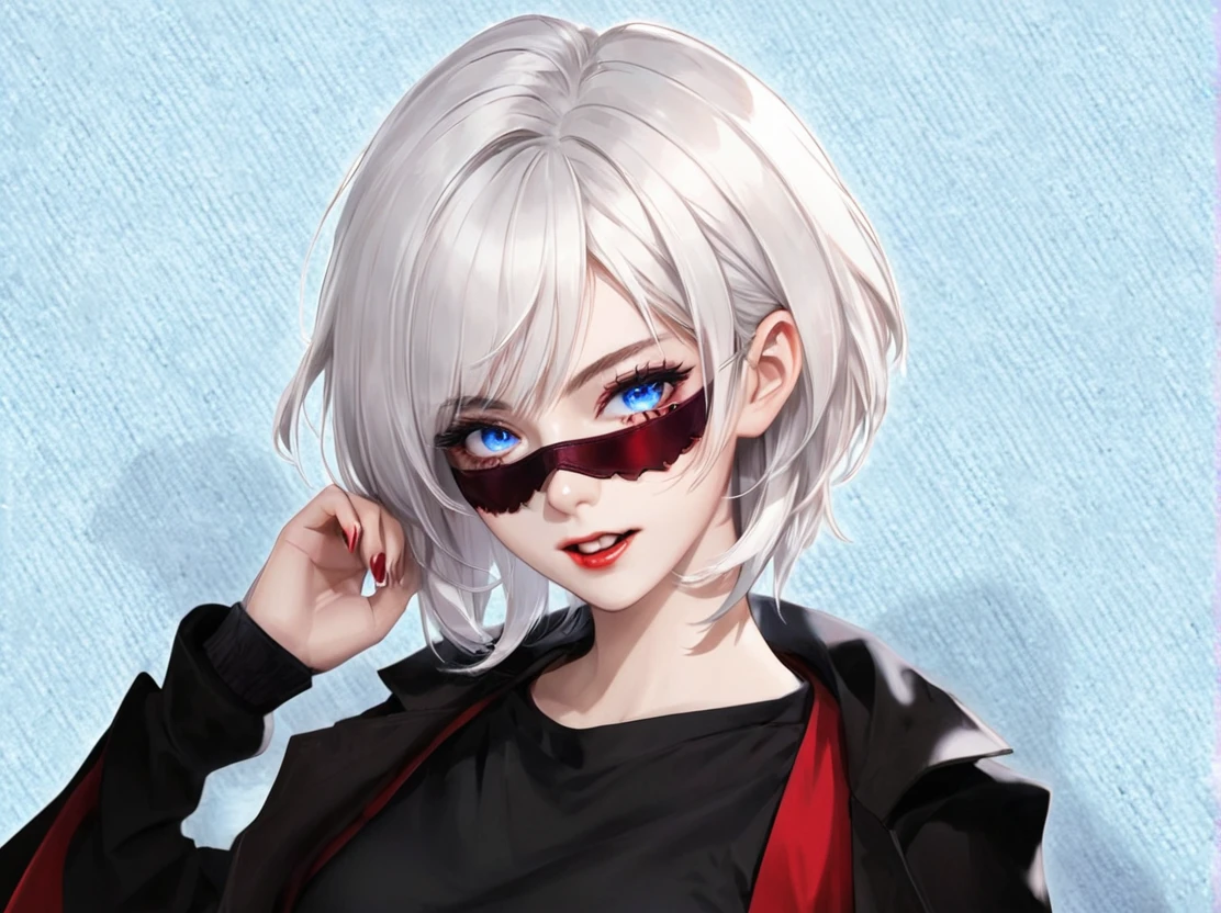 A young woman with white hair and red tips, a vampire, vampire canines, blue eyes, eye patch, short hair, female physique, Discord PfP, fantasy, vampire,long canines, rice teeth