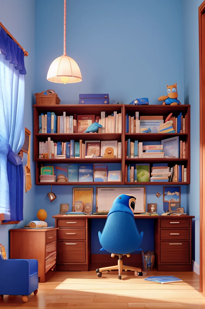 A seven year old boy A blue bird in the bedroom Bookshelf Desk Bedroom