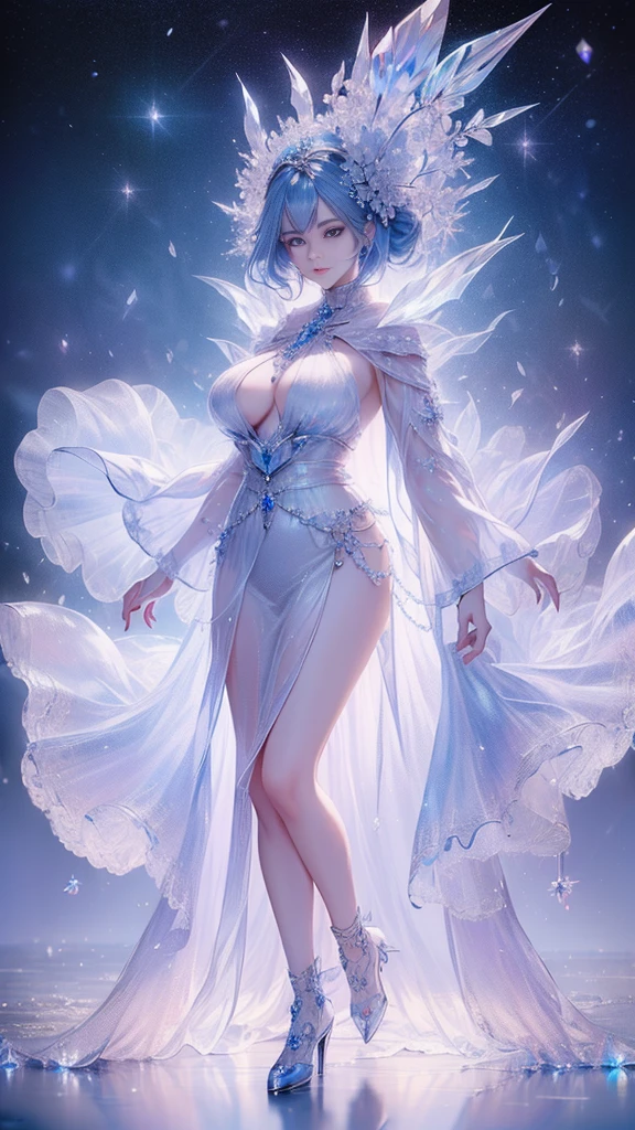 tmasterpiece,Highest high resolution,((((diamond)))),Dynamic avatar of beautiful aristocratic girl,Blue hair is elegantly coiled,,jewelery,adiamondnecklace,(((Wearing a huge cloak))),Purple clear eyes,(((The hair is covered with beautiful and delicate floral craftsmanship, Crystal jewelry filigree))),Ultra-detailed details。