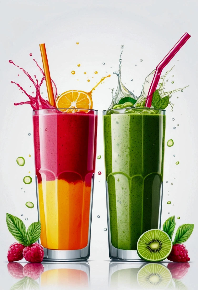 there are two  of colorful healthy drinks, two glasses, the glasses sitting on a surface, juices, smoothie and infused water , illustration, isolated with solid white background, surrounded with negative space, centered composition, very precise line, Isolated, (((solid white background))), perspective angle of view, (lora:add-detail-xl:1), (masterpiece), (best quality), Leonardo style, vector art, (lora:Leonardo-illustration:1)