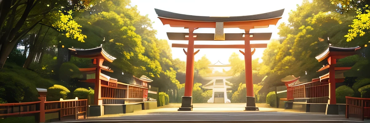 Clear early morning、The moment of sunrise、The torii gate at the entrance to the shrine shines head-on in the golden morning sun.。The morning sun shines through the white wooden torii gate.、The trees spread out radially, casting long shadows on the approach to the shrine.。A white wooden torii gate with lush trees behind it々Spread、The scene creates a tranquil and sacred atmosphere.。The soft morning light spreads around the torii gate.、A mysterious and majestic moment captured in this landscape