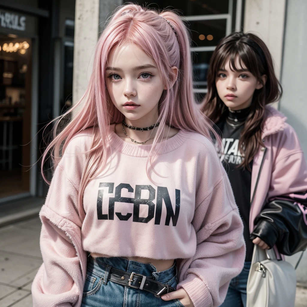 pink hair girl, pretty, brunette fur, is 17 years old. punk rock style, modern. It's in a country town, at the entrance of an American public school. Alguns students around. Wear eye makeup and red lipstick. half drag, Black jacke, white t-shirt with black writing. Your face is happy. A girl. In front of an American school. shorth hair. western face. public school, school facade, students around. Girl entering school