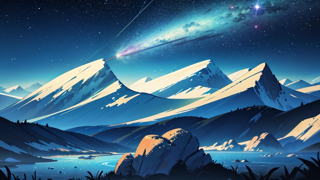 4k ultra high quality, masterpiece, perfect lighting, landscape, empty sky full of stars, outer space, bright colors