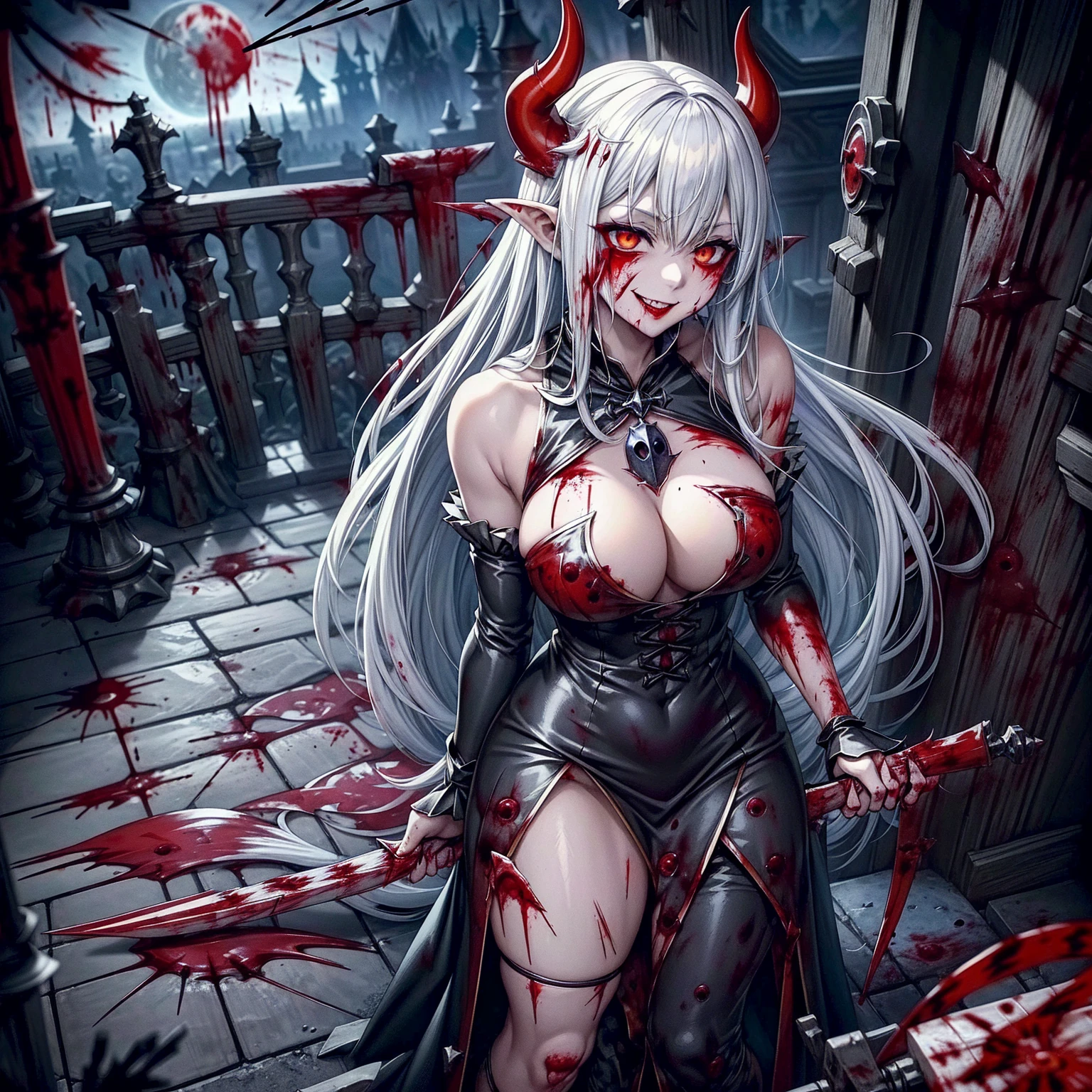 Eerily bloody tentacles are writhing. All of them are unpleasantly thick and long. A skinny evil monster girl with Shiny red eyes and Long white hair. She has Tiny breasts, Flat bust, Bleeding wounds, Flooring blood from eyes, Scratched body. She is dressed with Demonic costume and Glowing robe. She is starved. Best quality, Ultra detailed, Perfect anatomy, Grotesque, Gloomy, Dark atmosphere