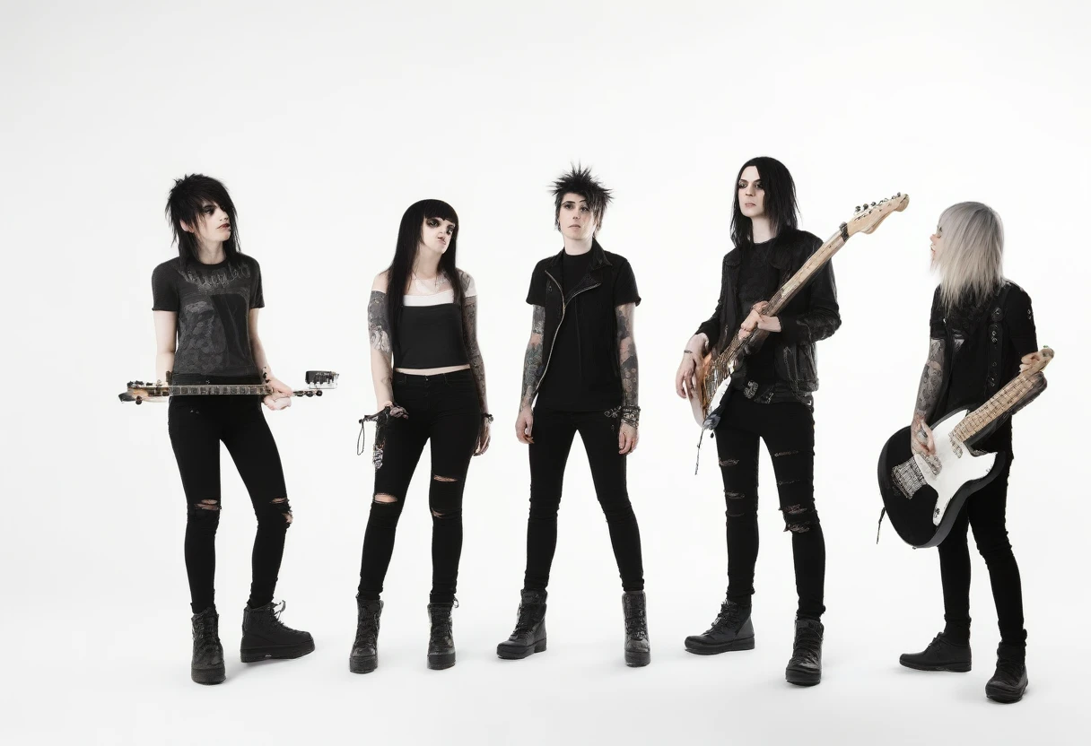 photo of a emo band in black clothing, female vocalist, a drummer, a bassist, a guitarist, performing, music video shooting, with a white background 