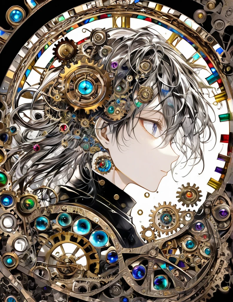 best quality, super fine, 16k, incredibly absurdres, extremely detailed, delicate and dynamic, stained glass kaleidoscope made of jewels of various colors, with mechanical mechanisms, clockwork mechanisms, and gear mechanisms, monochrome boy peering into it, iridescent world artwork 