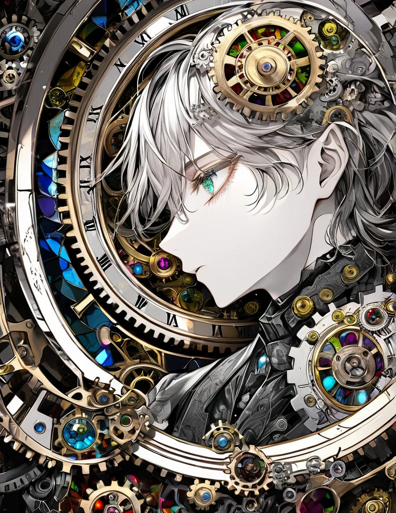 best quality, super fine, 16k, incredibly absurdres, extremely detailed, delicate and dynamic, stained glass kaleidoscope made of jewels of various colors, with mechanical mechanisms, clockwork mechanisms, and gear mechanisms, monochrome boy peering into it, iridescent world artwork 