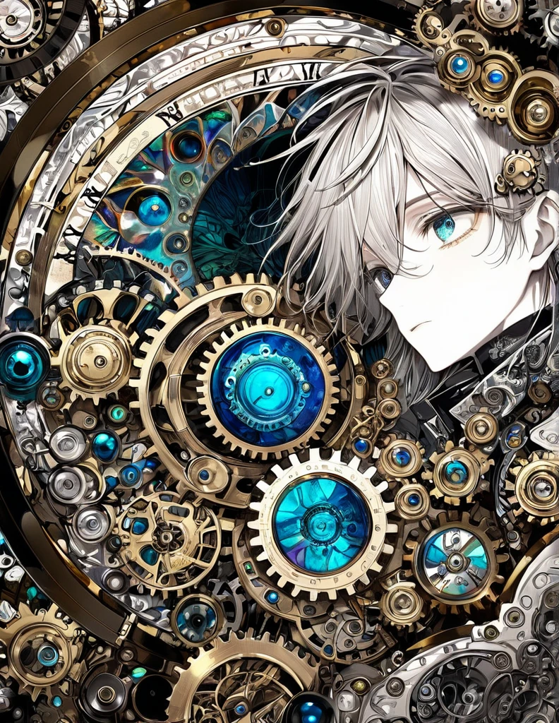 best quality, super fine, 16k, incredibly absurdres, extremely detailed, delicate and dynamic, stained glass kaleidoscope made of jewels of various colors, with mechanical mechanisms, clockwork mechanisms, and gear mechanisms, monochrome boy peering into it, iridescent world artwork 