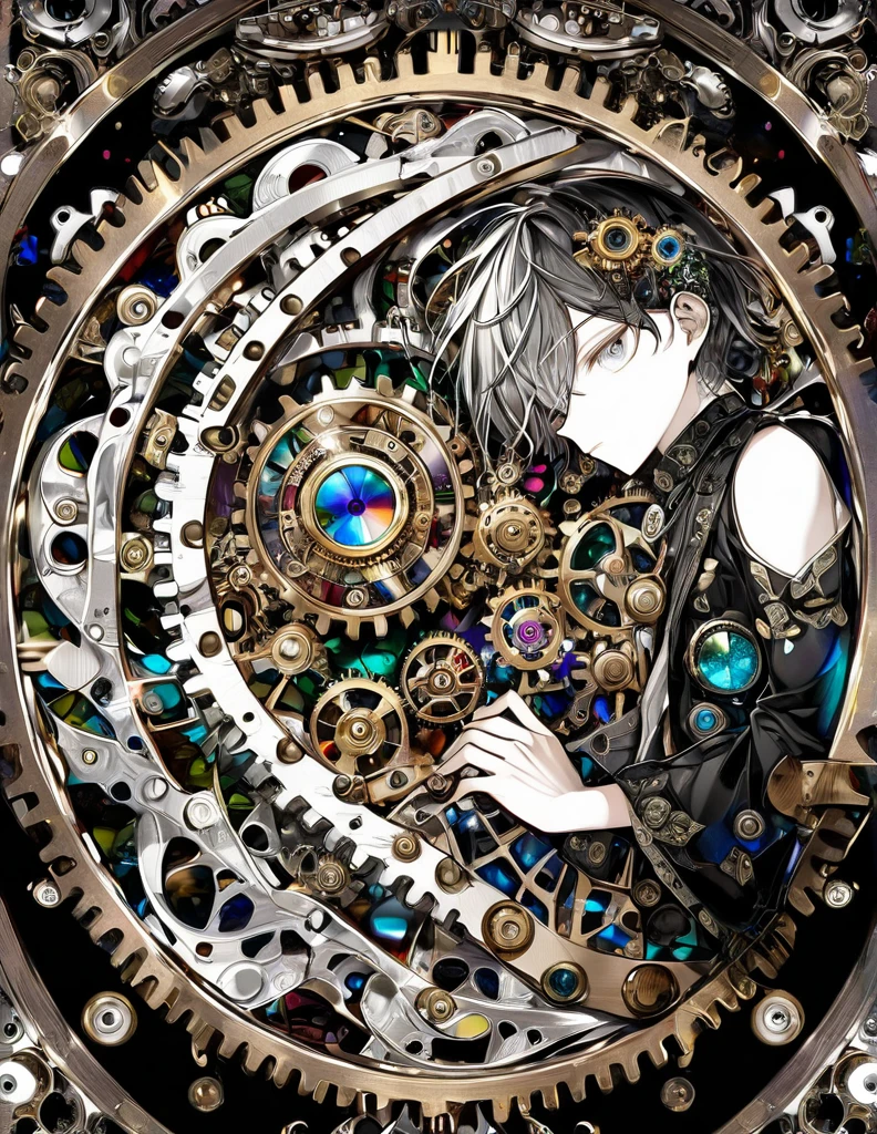 best quality, super fine, 16k, incredibly absurdres, extremely detailed, delicate and dynamic, stained glass kaleidoscope made of jewels of various colors, with mechanical mechanisms, clockwork mechanisms, and gear mechanisms, monochrome boy peering into it, iridescent world artwork 