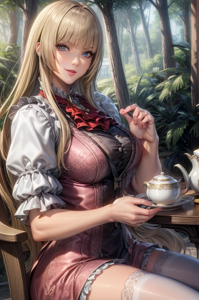 perfect eyes:1.2, detailed eyes:1.4, Emilie T8, blunt bangs, blue eyes, long hair, blonde hair, thighhighs, lace-up boots, pink frilled dress, frilled ascot, fingerless gloves, smile, red eyeshadow:1.2, makeup:1.2, cowboy shot, 1girl, solo, (masterpiece:1.6, best quality), 8k, insane details, intricate details, hyperdetailed, hyper quality, high detail, ultra detailed, professional, HDR, ray tracing reflection, cinematic lighting,