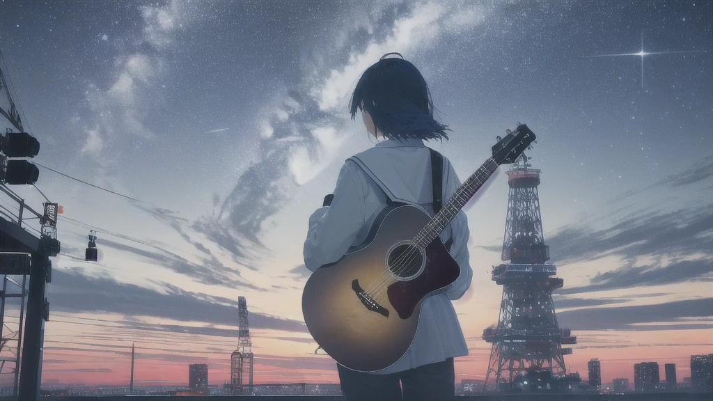 Acoustic guitar,真っ暗なnight空,Octane, star (null), scenery, Blue parakeet,Acoustic guitarは身体の前,star, night, Sailor suit, Back view, Outdoor, city,Blue parakeet,building, cloud, milky way,silhouette