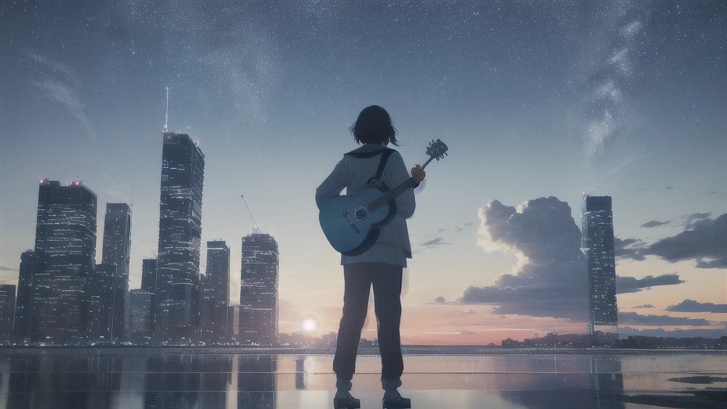 Acoustic guitar,真っ暗なnight空,Octane, star (null), scenery, Blue parakeet,Acoustic guitarは身体の前,star, night, Sailor suit, Back view, Outdoor, city,Blue parakeet,building, cloud, milky way,silhouette