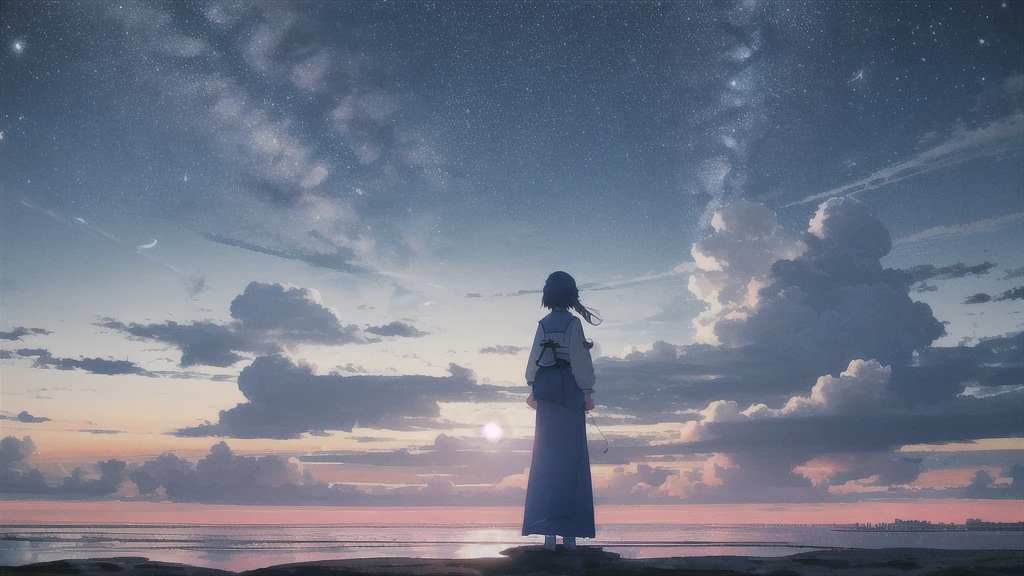 Acoustic guitar,真っ暗なnight空,Octane, star (null), scenery, Blue parakeet,Acoustic guitarは身体の前,star, night, Sailor suit, Back view, Outdoor, city,Blue parakeet,building, cloud, milky way,silhouette
