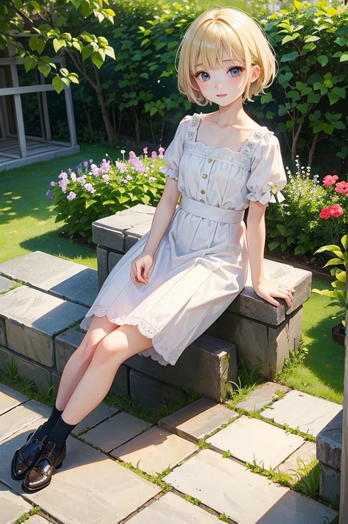 ((masterpiece)), ((Highest quality)),blonde、Short Hair、7-year-old girl、garden