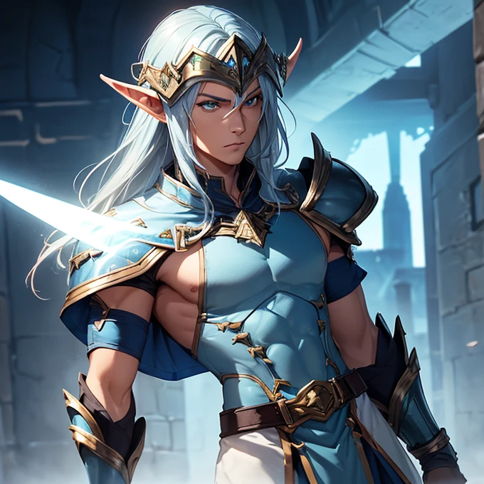 (absurdres, best high quality image, carefuly detailed features and textures, very detailed image, solo character alone, full character body and design, warcraft alliance faction-aestheric) {{(1character: adult male high-elf foot soldier), (elf light-blue steel helmet with golden trims, silver, huge bulky elegant elvish and sharp light-blue shoulder plates, bulky light-blue elvish chest plate, light-blue steel elbow plates, silver steel gauntlets, light-blue steel armored hips, golden belt, light-blue steel boots, big silver broad sword with long sharped blade), (imponent pose, marching), (green hill plain, sunny blue sky)}}