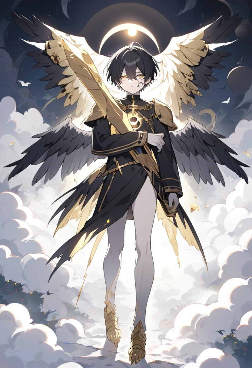 1man, adult, angel, pale skin, black hair, very short hair, white hairlocks, golden eyes, broken face, crack on the face, radiance coming from the crack, missing eye, black wings, eyed wings, bird legs, black robes, golden details, golden shoulder pads, golden prothesis in right hand, clawsprothesis, sword-cross on hands, eclipse, fullbody
