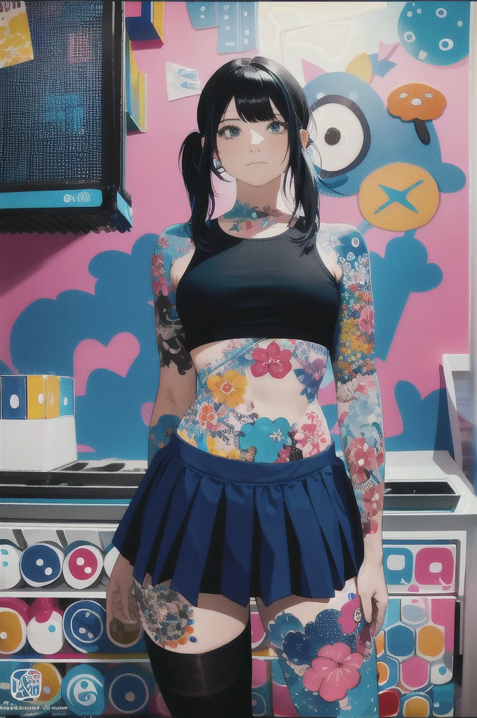 1, matural female, Bblack hair, pigtail, blusa azul, Blue miniskirt, blue panties, black thighighs, (breasts big), Inside the house, room, fullcolor, bright coloured, Masterpiece artwork, absurdres, esthetic (tatoo:1.3),