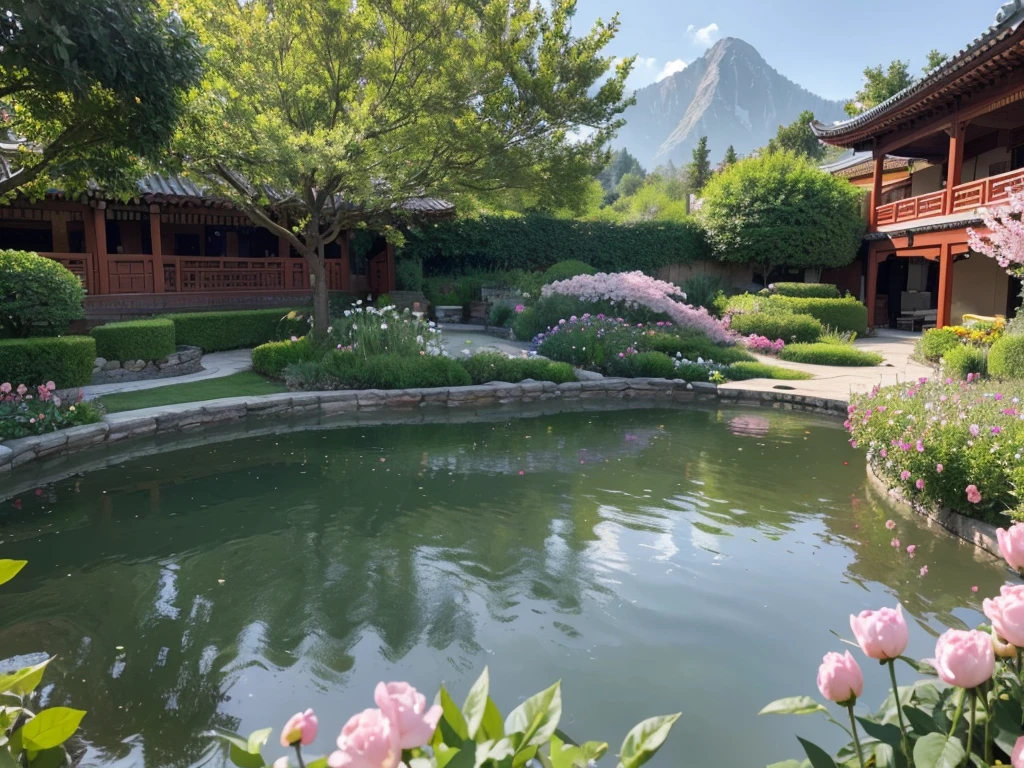 8K HD画质,Realistic scenery, 粉红的Peach BlossomTree林森林重点是很多Peach Blossom风景照8K 画质,Best quality,masterpiece,HD,Super rich detail,detailed,Many Chinese lofts have large courtyards,The yard is full of flowers,It is a rich garden,There are roses in the garden,Moonflower,Jasmine,Peach Blossom,club,apricot,chrysanthemum,Peony,Lavender,Cherry blossoms,Pomegranate flowers, ETC,A wide variety of flowers,All flowers are planted in one garden,There is also river water in the garden,Creek,pond,lake,Lake,Rios,J,Everything in the same picture,Lifelike,The picture is very realistic,Very real,The vegetable garden was neat inside,There are mountains and water in the distance,sky sky,cloud,Tree。Country Road。Industrious people grow flowers,The picture is very warm,HD,The picture is realistic,Strong realism,The focus is on the garden castle as well as the river,Images are colorful,High contrast,There is only one scene,No split screen,Do not crop the image,Keep the picture rich and complete