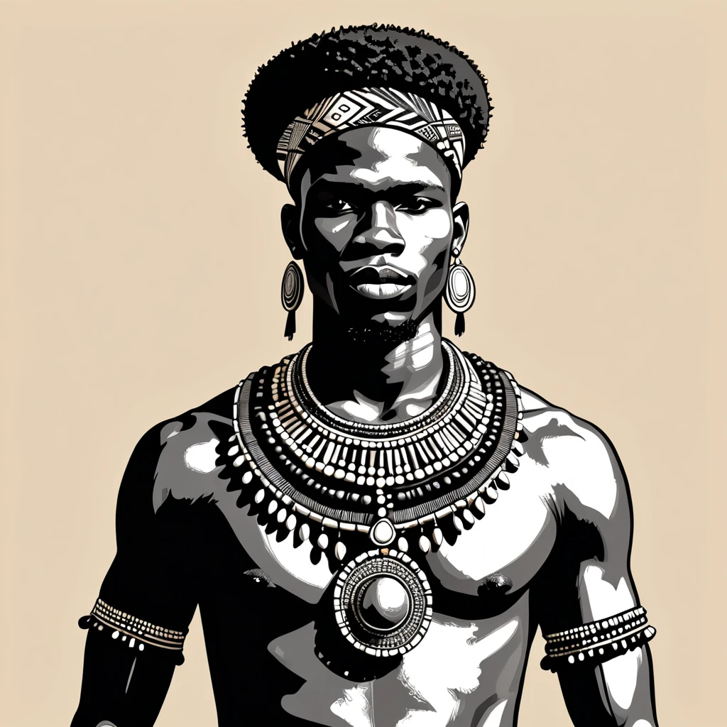 man in folk outfit from an unknown african tribe, vector graphics, strong contours