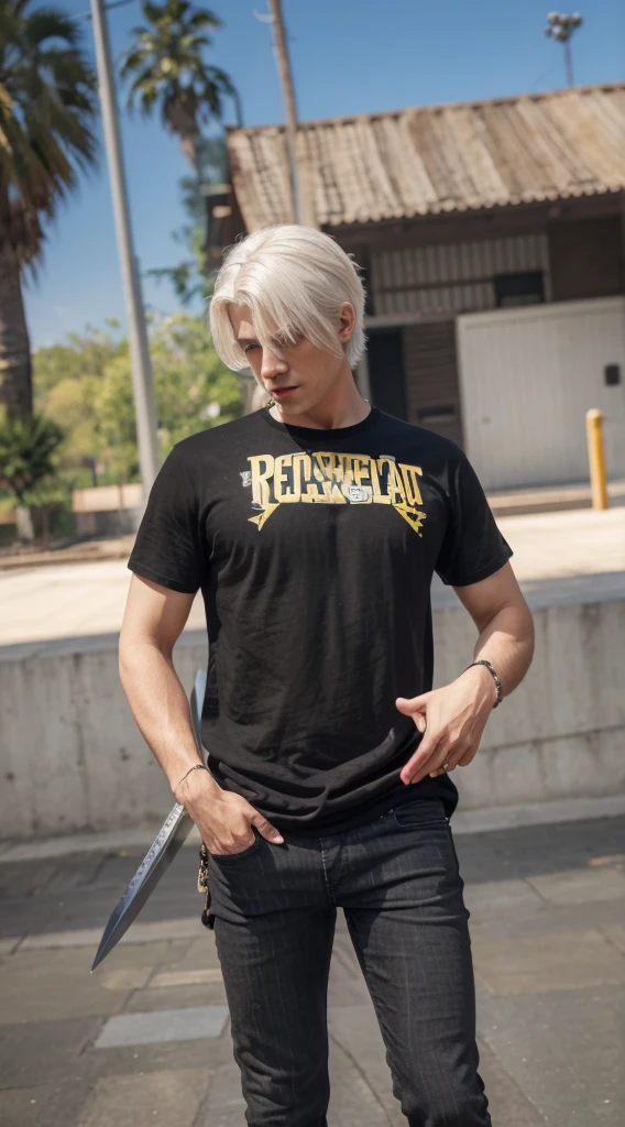 realistic 4k HD , bestquality , handsome boy , white hair , black tshirt , black skinny jeans , sword at the back of his body , realism ,