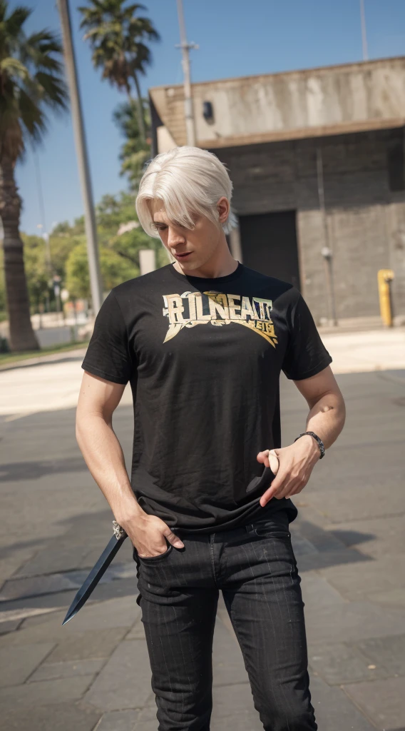 realistic 4k HD , bestquality , handsome boy , white hair , black tshirt , black skinny jeans , sword at the back of his body , realism , 