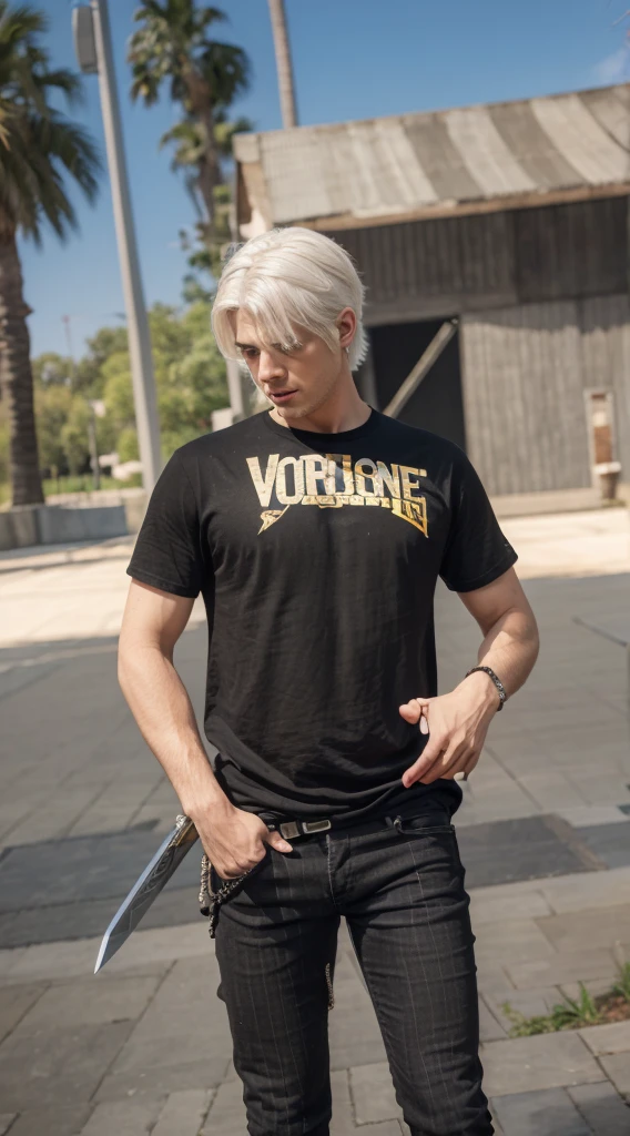 realistic 4k HD , bestquality , handsome boy , white hair , black tshirt , black skinny jeans , sword at the back of his body , realism ,
