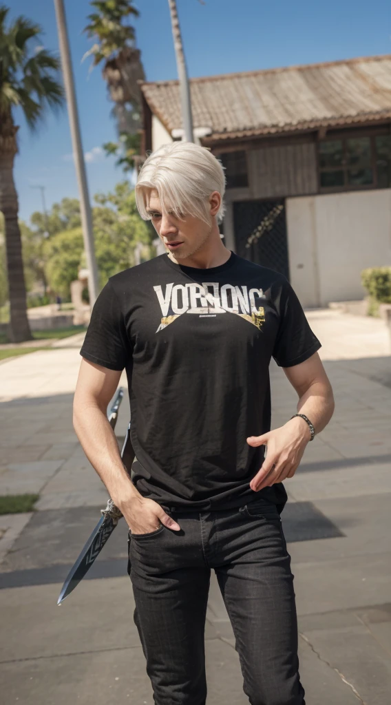 realistic 4k HD , bestquality , handsome boy , white hair , black tshirt , black skinny jeans , sword at the back of his body , realism ,
