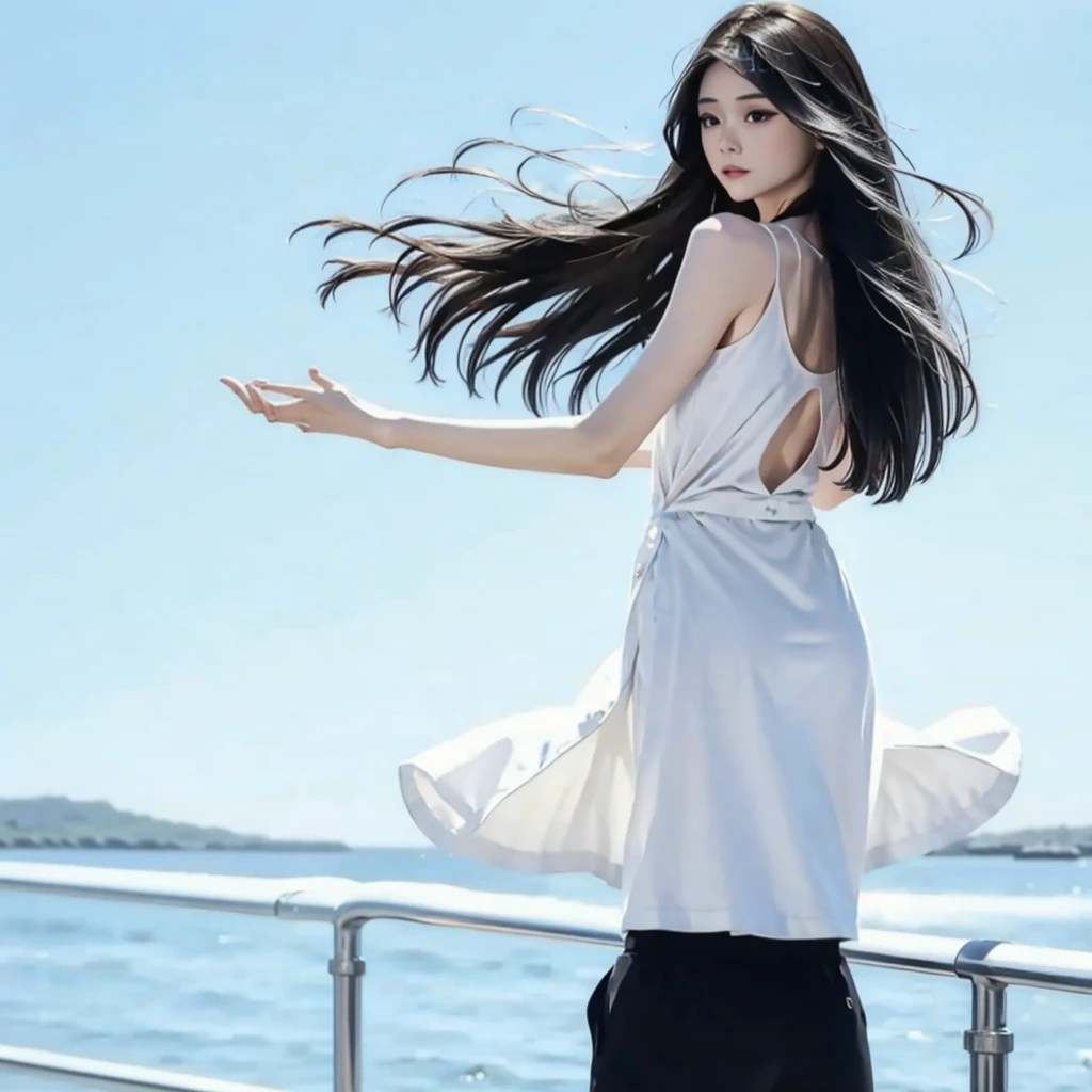 rice, (Very detailed, Very realistic, Very sharp, Hyperrealism, Ultra-realistic, Highest quality):1.2, 1 girl, (独奏:1.3), (Hair that grows to the knees:1.1, Ridiculously long hair:1.4, hime cut, straight hair, black hair), (Detailed Hair, Detailed skin), (Slim figure, Flat Chest), (He is wearing a white tank top and a black suit:1.5), (Shooting from behind:1.5), (Hair tousled by the wind:1.5), Standing posture, (White background:1.3), Soft lighting