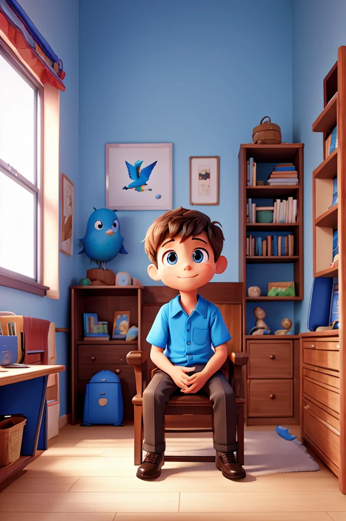 A seven year old boy sitting on the chair A blue bird in the room flown in the Bedroom Bookshelf Desk Bedroom