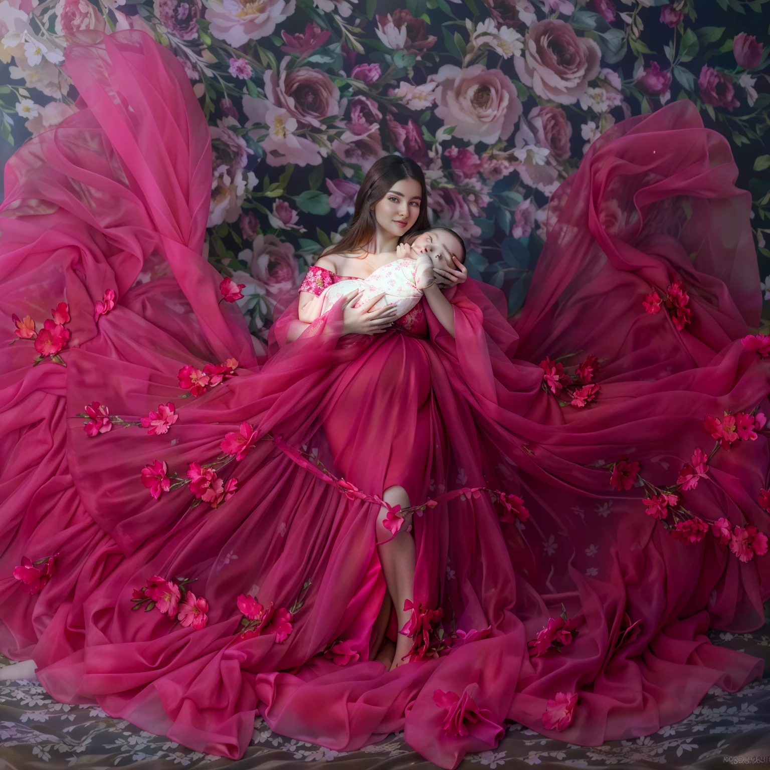 pregnant woman in a red dress holding a baby in her arms, maternal photography 4 k, wearing pink floral gown, award winning studio photo, * colour splash *, an ultra realistic, photo of a beautiful, full body photoshoot, miss aniela, full body in shot, pose 1 of 1 6, splash of color, brilliant pink ball gown, by Olga Rozanova
