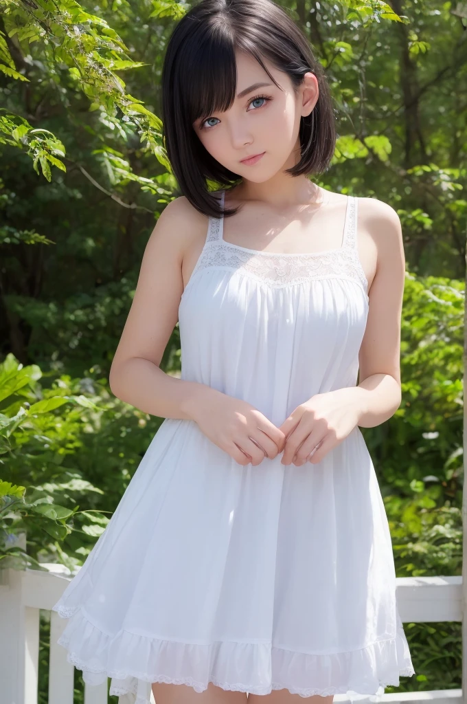 ((good quality)), girl, 25 years old, white sundress, black hair, blue eyes, looking at viewer