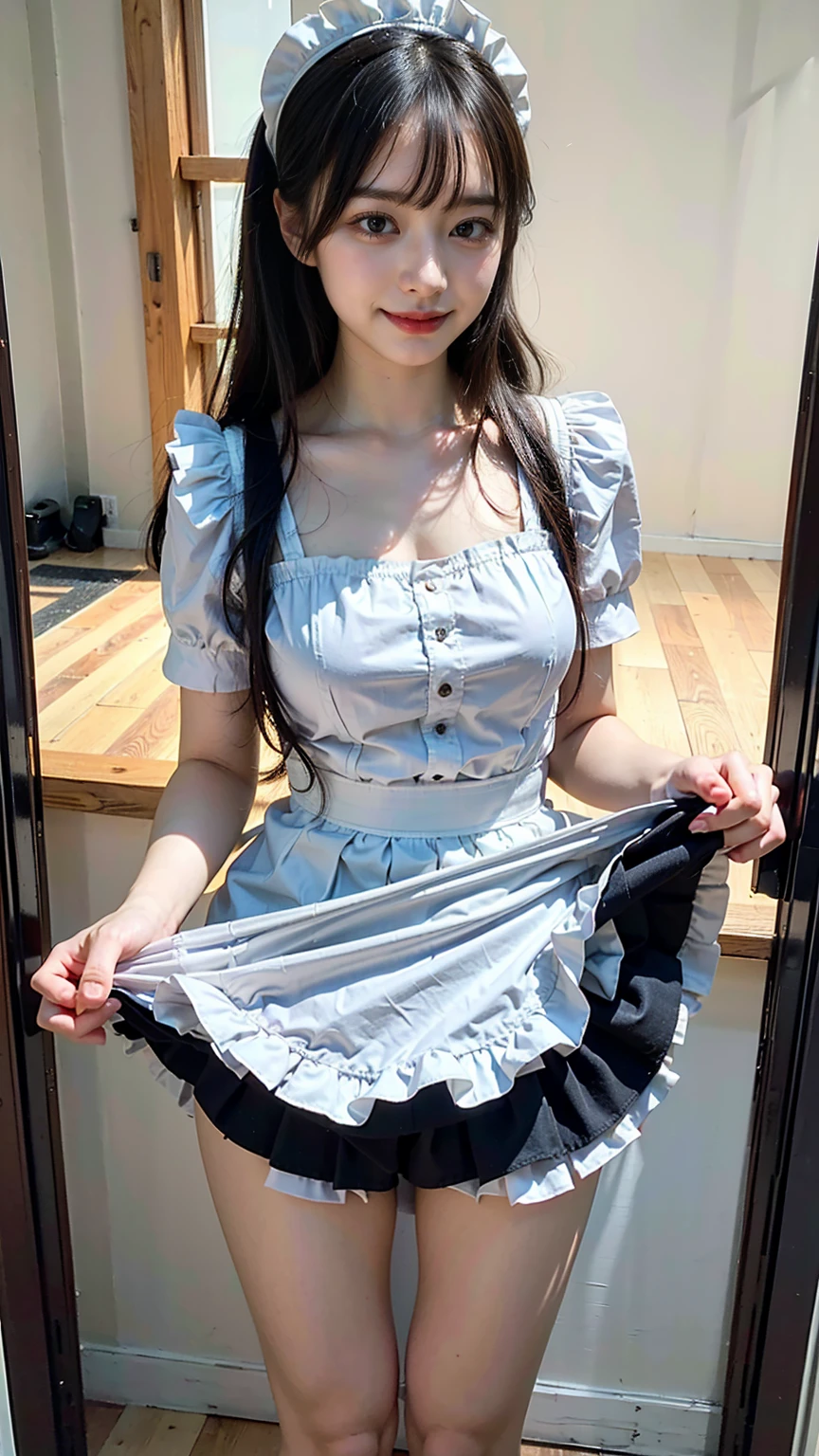 (8K、RAW Photos、Highest quality、masterpiece:1.2)、(Realistic、Realistic)、1 Girl、((Maid Costume:1.2、Thin legs、whole body、View from the front、smile、Looking into the camera、Hold your skirt with both hands and show me your black panties))、cute、Accurate Fingers