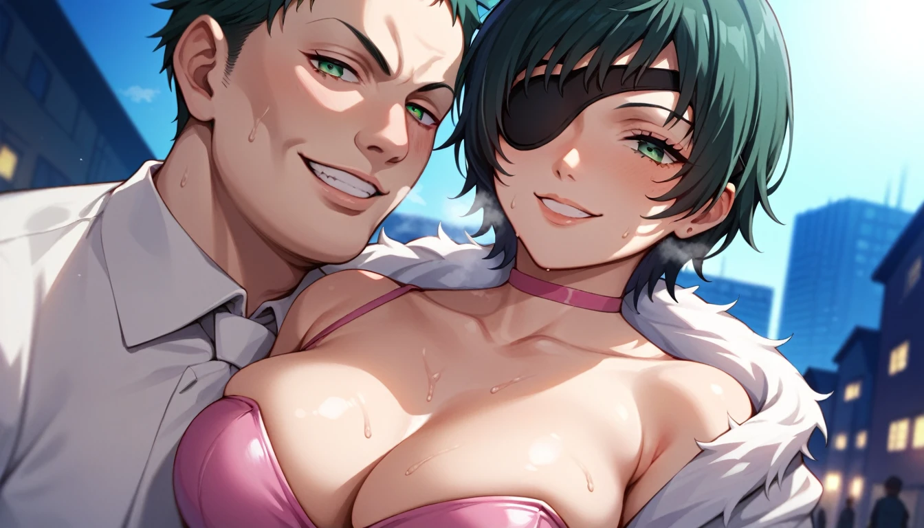 mature female, mature, Adult, himeno, himeno(Chainsaw Man), black hair, short hair, eyepatch, seductive smile, grin, nsfw, chest, View your audience, Night town, City, skyscraper, latex pink leotard under the black cape, sweat, steam, 1man and 1woman, Villains, fat man, man is skinhead, man is 50 years old, man wearing white long coat, dramatic angle, unique perspective, unique angle, masterpiece, Top animation quality,Top image quality,