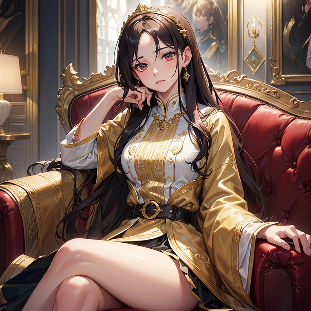 A royal, long brown wavy hair, sitting on a sofa elegantly, red eyes, facing forward, emotionless expression, confident, detailed hands, (best quality, 4k, 8k, highres, masterpiece:1.2), ultra-detailed, (realistic, photorealistic, photo-realistic:1.37), HDR, UHD, studio lighting, ultra-fine painting, sharp focus, physically-based rendering, extreme detail description, professional, vivid colors, bokeh, portrait, digital painting