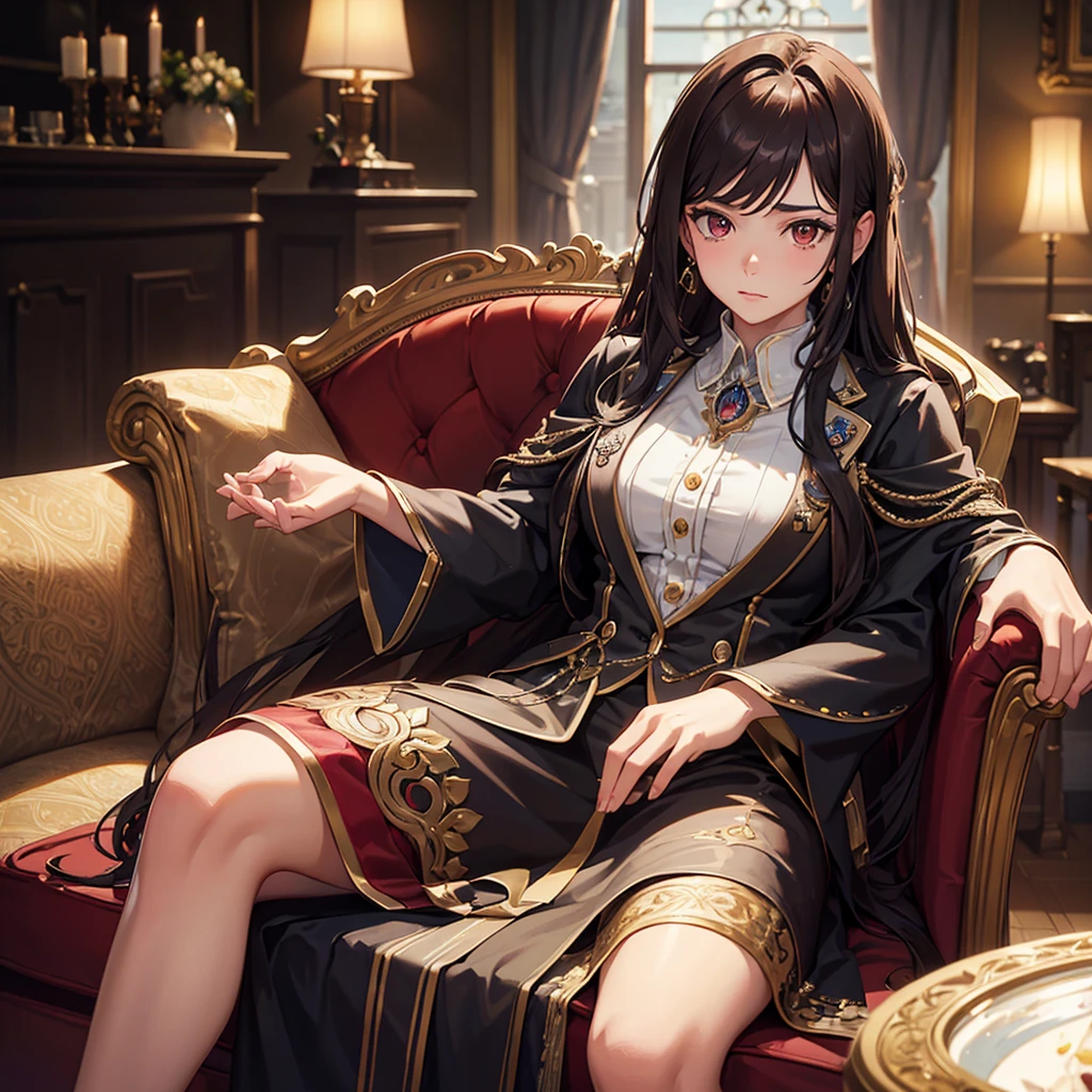 A young teen royal, long brown wavy hair, sitting on a sofa elegantly, red eyes, facing forward, emotionless expression, confident, detailed hands, (best quality, 4k, 8k, highres, masterpiece:1.2), ultra-detailed, (realistic, photorealistic, photo-realistic:1.37), HDR, UHD, studio lighting, ultra-fine painting, sharp focus, physically-based rendering, extreme detail description, professional, vivid colors, bokeh, portrait, digital painting