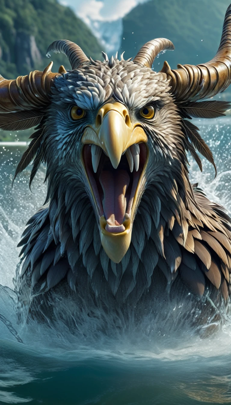 Panorama，There is a beast in the water，Looks like an eagle，The head has double horns（best quality，4K，8K，High level，masterpiece：1.2），Ultra Detailed，（lifelike，Photo real，Photo real：1.37），Highly detailed animals，Complex patterns，Realistic lighting，Fantasy Creatures