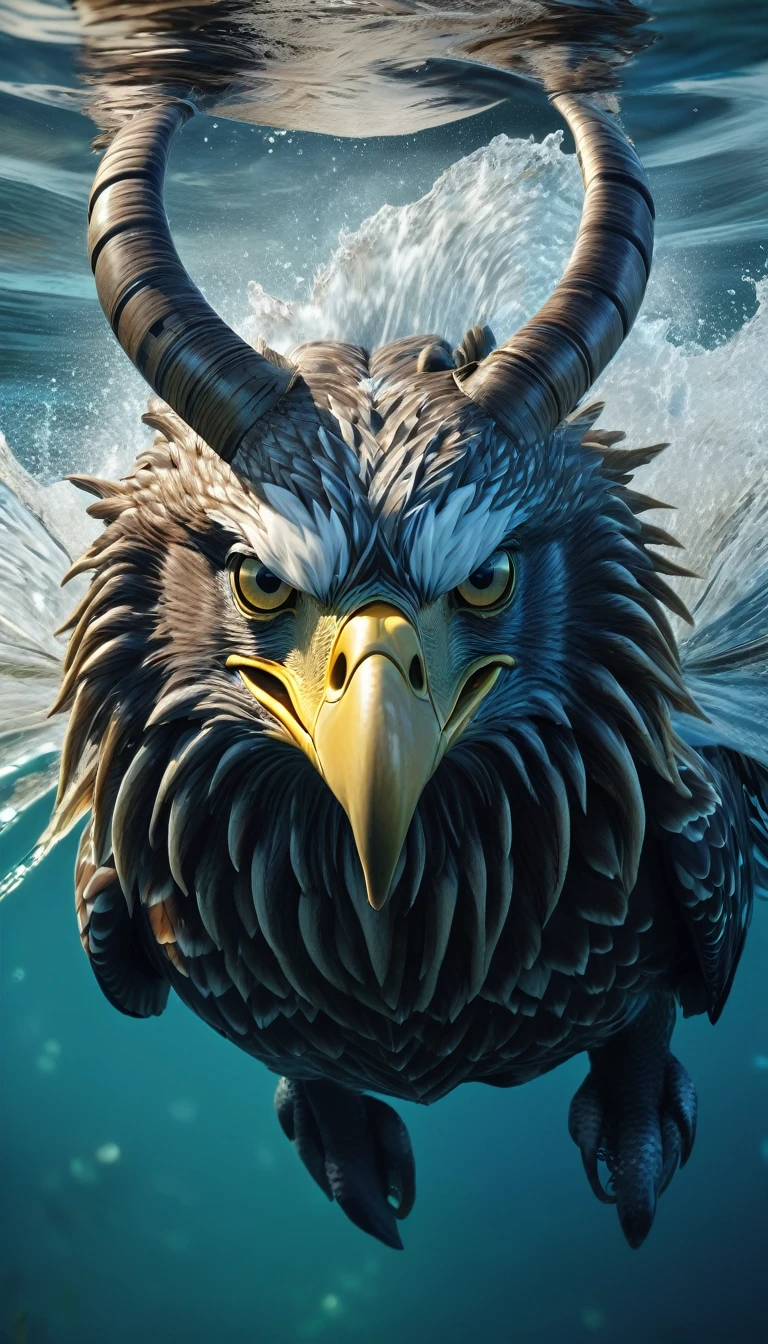 Panorama,There is a beast in the water,Looks like an eagle,The head has double horns(best quality,4K,8K,High level,masterpiece:1.2),Ultra Detailed,(lifelike,Photo real,Photo real:1.37),Highly detailed animals,Complex patterns,Realistic lighting,Fantasy Creatures