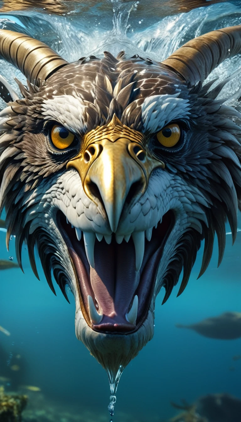 Panorama,There is a beast in the water,Looks like an eagle,The head has double horns(best quality,4K,8K,High level,masterpiece:1.2),Ultra Detailed,(lifelike,Photo real,Photo real:1.37),Highly detailed animals,Complex patterns,Realistic lighting,Fantasy Creatures