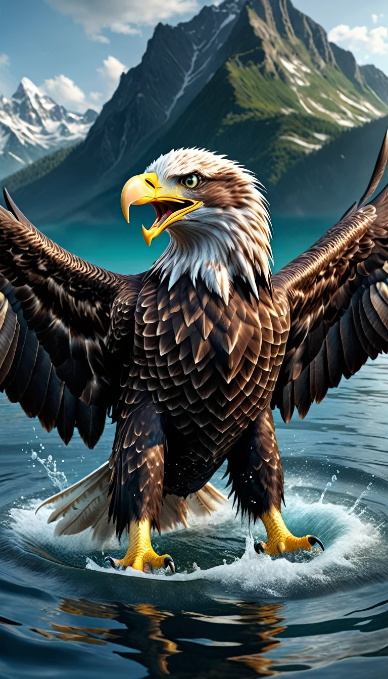 Panorama,There is a beast in the water,Looks like an eagle,The head has double horns(best quality,4K,8K,High level,masterpiece:1.2),Ultra Detailed,(lifelike,Photo real,Photo real:1.37),Highly detailed animals,Complex patterns,Realistic lighting,Fantasy Creatures