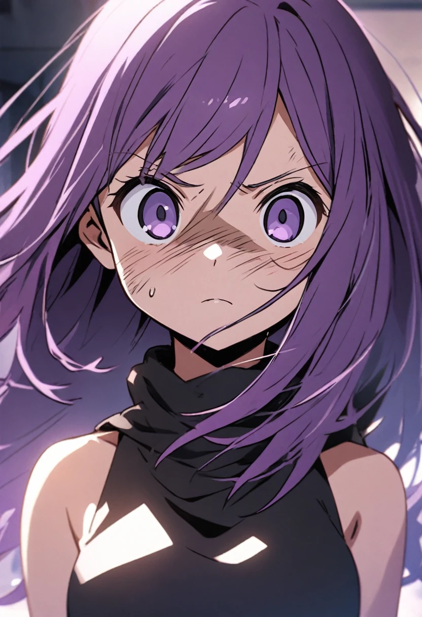 Luna, solo, 1girl, blue eyes, blush, coat, detached sleeves, indoors, jewelry, midriff, navel, purple hair, <lora:Cheat_Skill_in_Another_World-Luna-30:0.6>, <lora:Masterpiace:0.4>, ((((close-up, face only, detailed eyes,))))