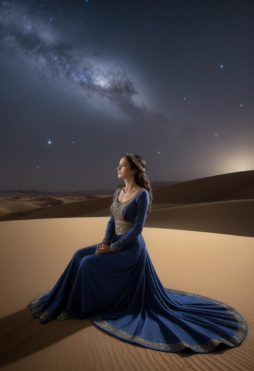 (a Desert Princess), In the golden sandstone palace deep in the desert, the desert princess standing on the palace balcony looks out at the boundless desert. The palace is decorated luxuriously, with golden curtains fluttering in the wind, and the background is a golden desert and blue sky, full body, (Photography), panoramic view, award-winning, cinematic still, emotional, vignette, dynamic, vivid, (masterpiece, best quality, Professional, perfect composition, very aesthetic, absurdres, ultra-detailed, intricate details:1.3)