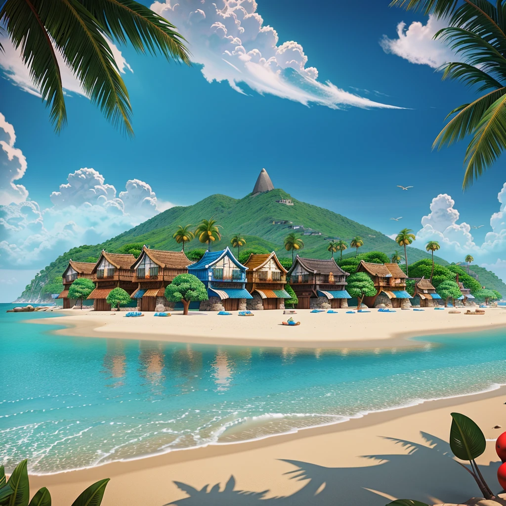 A fantasy inspired painting of a shore village in kawacy style, rendered in cinema4d, bulbous, accurate nautical details, creative character design, whimsical cartoon style, 32k uhd --ar 2:1