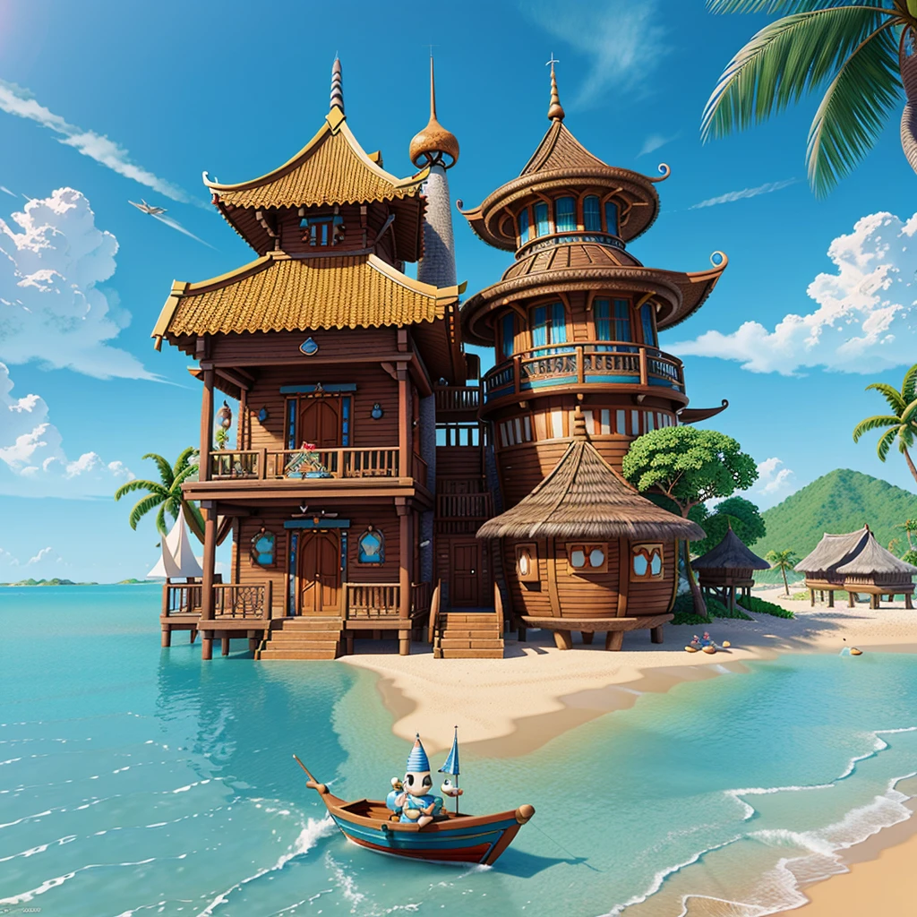 A fantasy inspired painting of a shore village in kawacy style, rendered in cinema4d, bulbous, accurate nautical details, creative character design, whimsical cartoon style, 32k uhd --ar 2:1