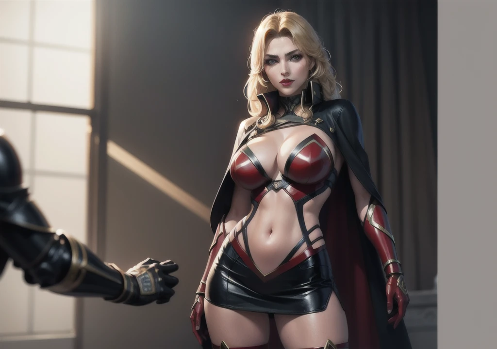 1girl,Alicia Viewsrtream,red lips,red impossible clothes,red elbow gloves,red thigh boots,cape,incredibly absurdres,Volumetric Lighting,moody lighting,thighs,realistic,reality,hetero,smug,fighting_stance, best quality:1.4, intricate details, sharp focus, highres, eleborate atmosphere:0.90, 8K, 4K, UHD, 32k UHD resolution, realistic photo, professional photography, Ultra Detailed 8K CG, ultra high res, High quality texture, High quality shadows, vivid colors, HDR